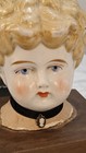 Antique German Blonde China Doll Head Bust On Wooden Base Vintage Decor 19thc