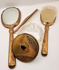 Gold Metal Vanity Set 1940s Art Nouveau  Brush comb  Mirror   Lidded Jar