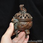 4 2 old China Ancient Dynasty Bronze Fengshui Beast Incense Burner Censer Statue