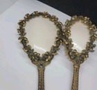 Vintage Globe  24k Gold Plated Ornate Hand Mirror And Brush Hibiscus Vanity Set 