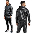 Men s Genuine Lambskin Black Hoodie Leather Track Suit Sweatsuit Jogging Suit