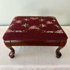 Vtg Needlepoint Footstool Floral Burgundy Wood Stool European Victorian Read