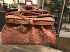 Vintage Antique Mid Century Modern Bohemian Rattan Woven Purse Bag Pink