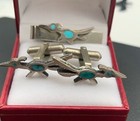 Vintage Silver Tone And Turquoise Road Runner Tie Clip And Cuff Links