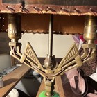 Art Deco Antique Bronze Table Lamp Green Glass Accent Landscape Pattern Shade