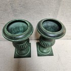 Pair Of Vintage Cast Iron Green Verdigris Patina Classical Pedestal Urn Vases