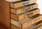Antique Clarks Oak Spool Sewing Cabinet  5 Drawer Cabinet Original Brass Handles