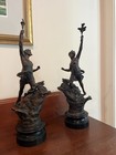 Pair Of French Spelter Bronze Statues Classical Male And Female On Stags 19 