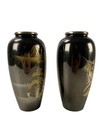 Pair Of Meiji Period Japanese Bronze Vases  Mixed Metal Inlay House In Mountains