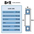 Bgr 10 Pcs 6205 2rs High Quality Double Rubber Sealed Ball Bearing  25x52x15 Mm