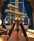 Vintage Brass Telescope On Wooden Tripod     Nautical Maritime Decor Antique Style