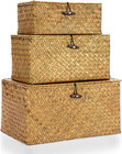 Set Of 3 Wicker Storage Basket Bin With Lid - Large Handwoven Natural Seagrass S