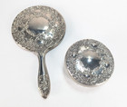 Vintage Silver Plated Vanity Set Hand Held Mirror   Trinket Box Repousse 1950 s
