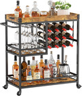 3 Tier Bar Cart With Wine Racks  Serving Trolley  Rustic Brown  31 5 Inch
