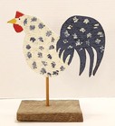 Wood Farmhouse Primitive Rooster Chicken Hand Painted Folk Art Blue White Stand