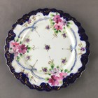 Set Of 2 Antique Nippon Floral Cobalt Blue Rimmed Plates With Gold High-lite