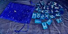 Resin Blue Metallic   White Pearl Futhark Runes Set   Velvet Bag