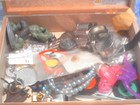 Vintage Junk Drawer Lot Jewerly  Pins  Toys  In Cigar Box