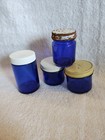 Lot Set Of 4 Round Cobalt Blue Glass Jars Vicks Medicine And Screw Lids