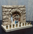 Vintage Jerusalem Stone Arch Hanukkah Menorah Brass Candle Holders Judaica 9-lig