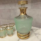 Rare Vintage Green Glass Decanter Set Gold Trim Shot Glass