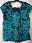 Vtg Mexican Huipil Top Hand Embroidered Floral Yucatan Boho Ethnic Black M