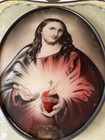 Vintage Scared Heart Of Jesus Domed Glass Mounted Celluloid Bubble Glass Plaque