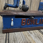 Bowling Cast Iron Bank Vintage Mechanical Coin Bank Works Heavy Blue Red Bowler
