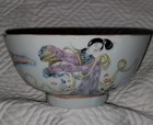Antique Chinese Bowl Rice Tea Cup Celadon Famille Rose Lady Goddess Tongzhi