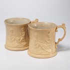 19th Century Yellow Ware Raised Relief Beer Tankard Stein Coffee Mug Pair Lot