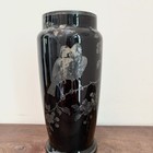 Vintage Czech Black Glass Etched Vase Birds Floral Art Deco Style Slovakia 10 