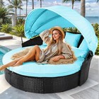 Indoor Outdoor Round Daybed With Extendable Canopy Rattan Detachable Sofa Bed