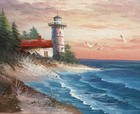 Vtg Framed Oil Painting Lighthouse Beach Seascape M  Farley Signed Art Framed 