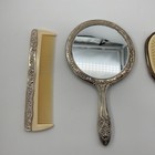 Vintage Ornate 3pc Vanity Set Hand Mirror  Brush   Comb Silver Tone Cream