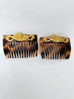 Pair Faux Tortoise Hair Combs France Art Nouveau Style Metal Accent Vintage 