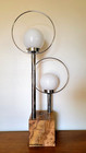 Vtg Mid Century Modern Chrome Ring  Dbl Globe Table Lamp Burlwood Style Base 37 