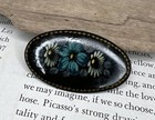 Vintage Russian Hand Painted Black Floral Wooden Brooch Pin Costume Jewelry     
