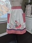Kitchen Apron W pockets From Vtg Tablecloth Hand Emb applique Belle red Gingham