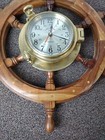 Vtg Brass Porthole 2 Dog Legs Maritime Nautical Usa Ship   s Wheel Wooden Clock