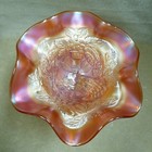 Fenton 5 25  Carnival Marigold Peacock   Urn Footed Ruffle Compote Glass Dish