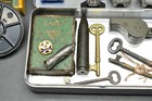 Vtg Junk Drawer Lot Smalls Keys Military Whistle Kodachrome Film Pulley Gillette