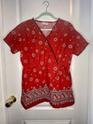 Ua Scrubs Women   s Bandana Red Paisley Floral Wrap Vintage Rare Scrub Top - Large
