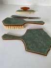 Vintage Art Deco Vanity Set Marbled Celluloid Bakeolite  4 Pc Green Brown