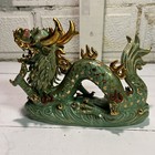 Dragon Ceramic Figurine Brightly Colored Green Gold Statue Figure  Rare China