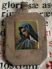 Rare Vintage Silver Plaque Relic  Hand Painting Our Lady  ave Virgo   a v   1954