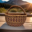 Lg Woven Bolga Basket Leather Handle Ghana 14   dia   X 7 25   depth X 14    Height