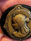 Vintage Female Egyptian Picture Button Metal On Black Brass Tone Faced Left