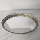 Vintage Mirror Tray Oval Gold Tone Flower Filigree Ornate Trinket Vanity Perfume