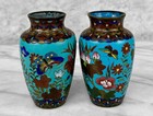 Antique Chinese Cloisonne Turquoise Enamel   Brass Floral Vase - A Pair