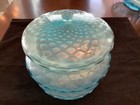 Antique Hand Blown Blue Lattice Glass Dresser Trinket Box Hinged Powder Jar